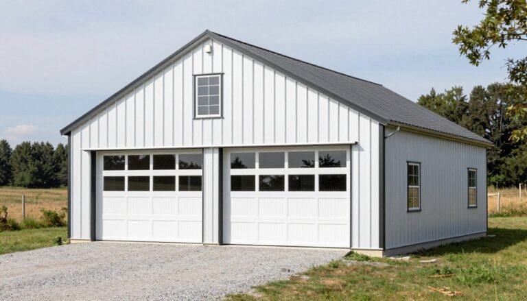 Modern pole barn garage with large doors and windows showcasing a versatile storage and workshop space