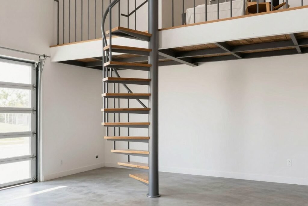 Modern spiral staircase leading to a finished garage loft space