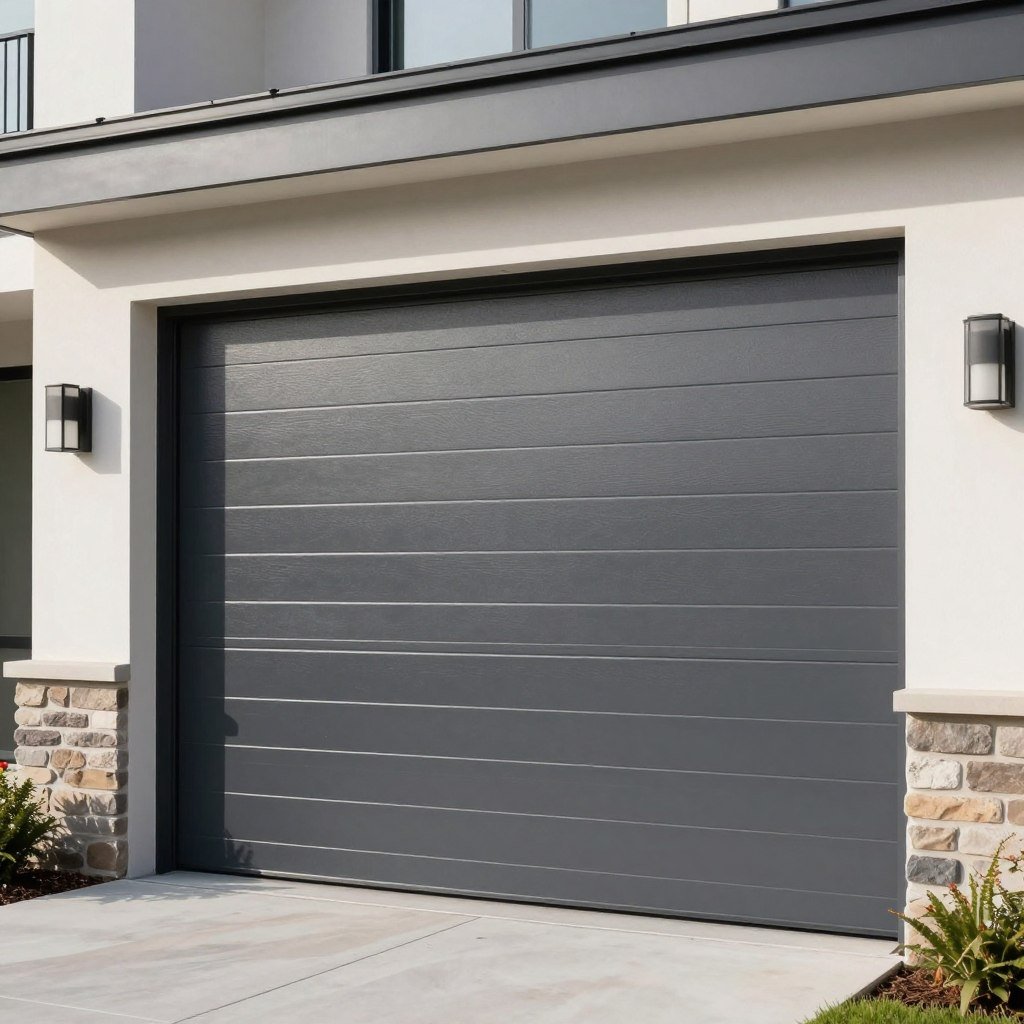 Modern steel garage door with horizontal lines in dark gray on a contemporary home