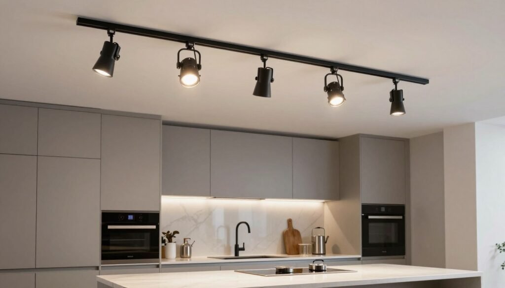 Modern track lighting system above a kitchen island with adjustable light heads