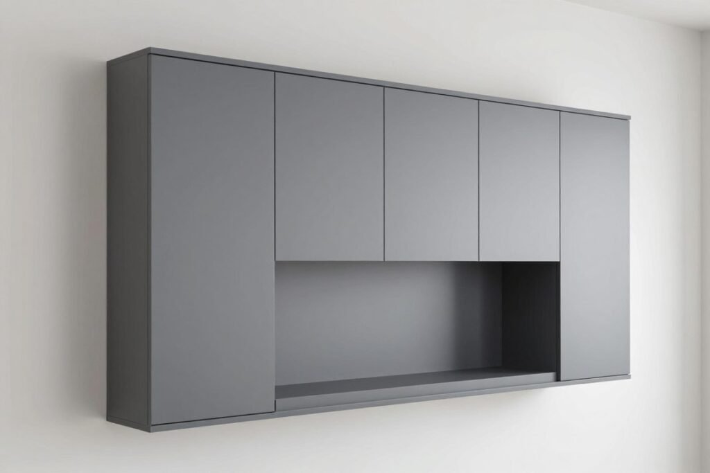 Modern wall-mounted garage cabinets in gray finish with clean design