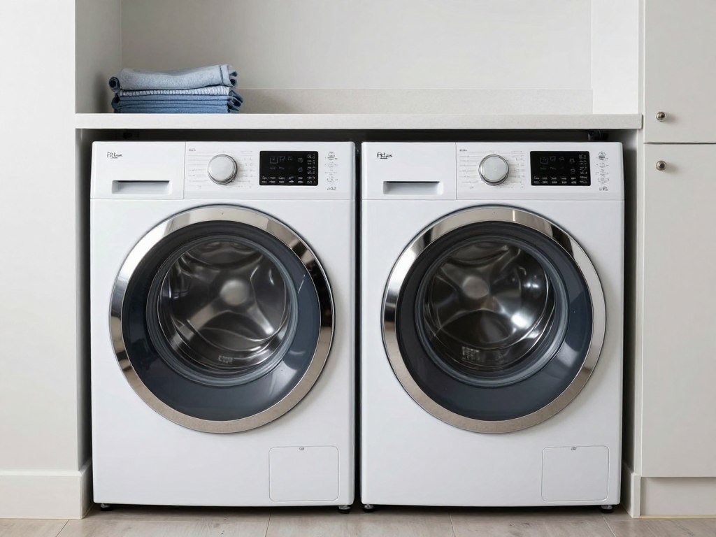 Modern washer and dryer set in garage laundry area with energy-efficient features