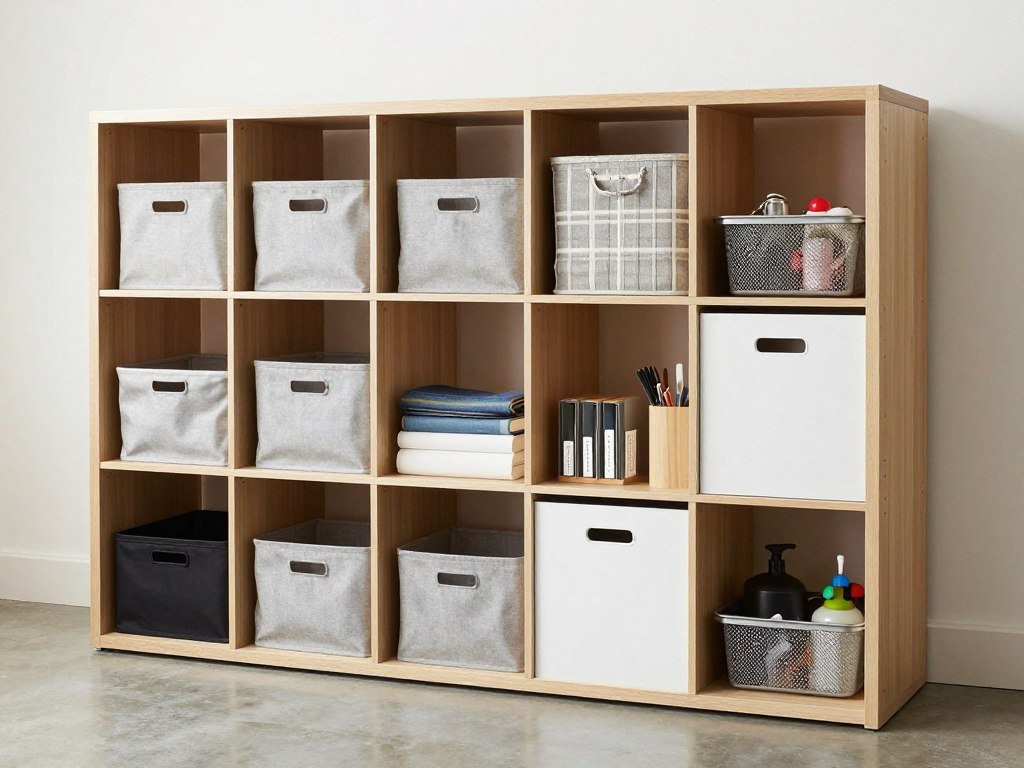 Modular cube storage system with bins and open shelves in a garage Modular cube storage system with bins and open shelves in a garage