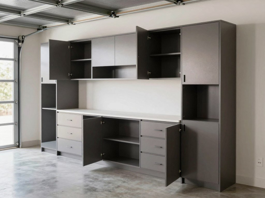 Modular garage cabinet system with drawers, cabinets, and workspace