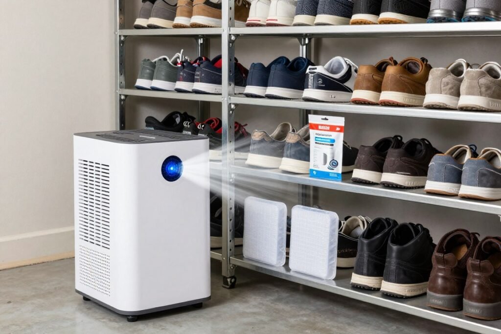 Moisture control solutions for garage shoe storage including dehumidifier and ventilated shelving