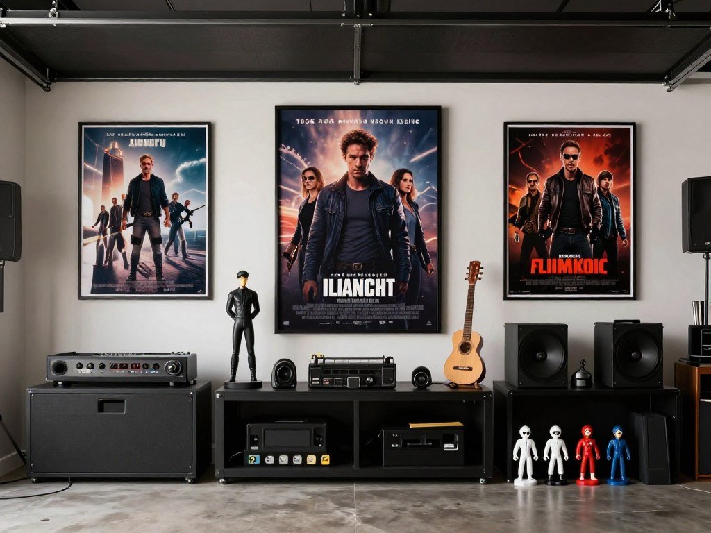 Movie-themed accessories and collectibles in a home theater garage man cave