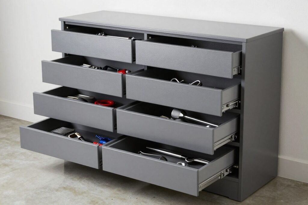 Multi-drawer garage cabinet for tool organization