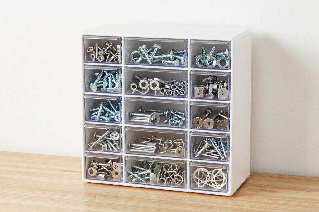 Multi-drawer small parts organizer cabinet with hardware visible in clear drawers