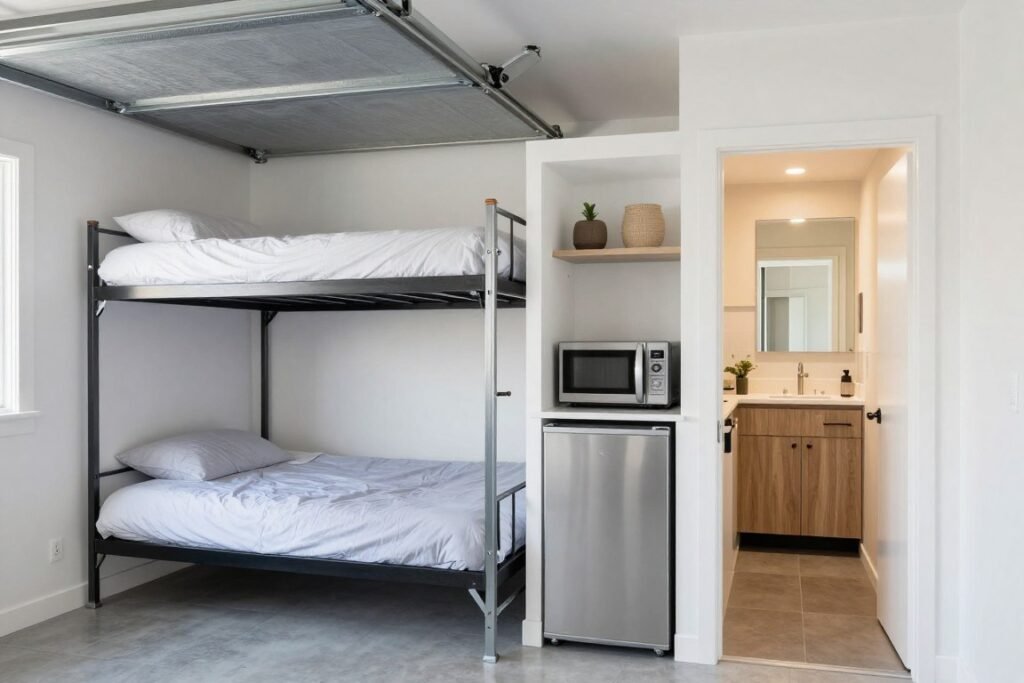 Multi-functional garage guest suite with kitchenette
