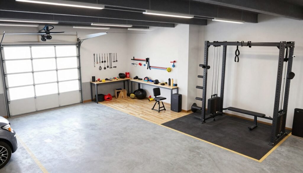 Multi-functional garage with distinct zones for different activities