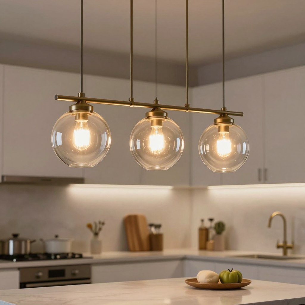 Multi-light pendant fixture with three glass globes hanging over kitchen island Multi-light pendant fixture with three glass globes hanging over kitchen island