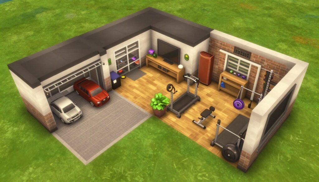 Multi-purpose Bloxburg garage with car storage, gym area, and entertainment space