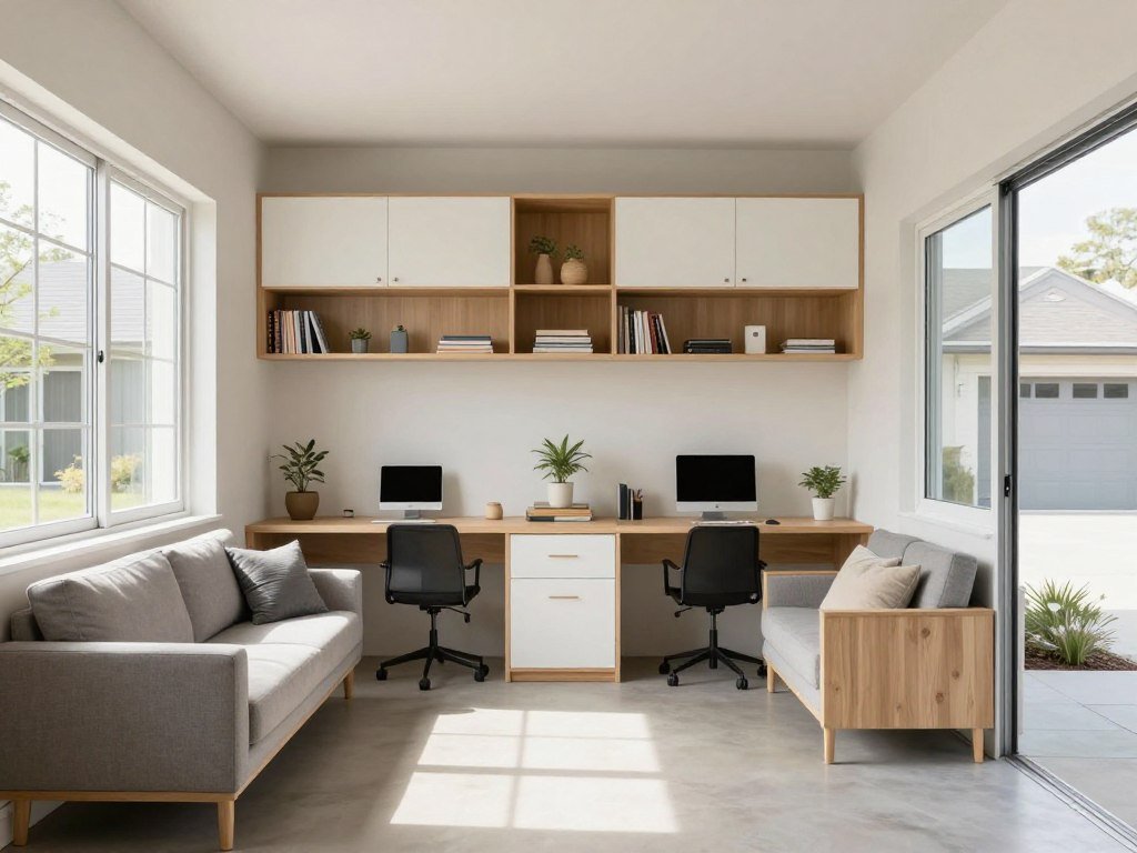 Multi-purpose enclosed breezeway with flexible furniture and storage solutions