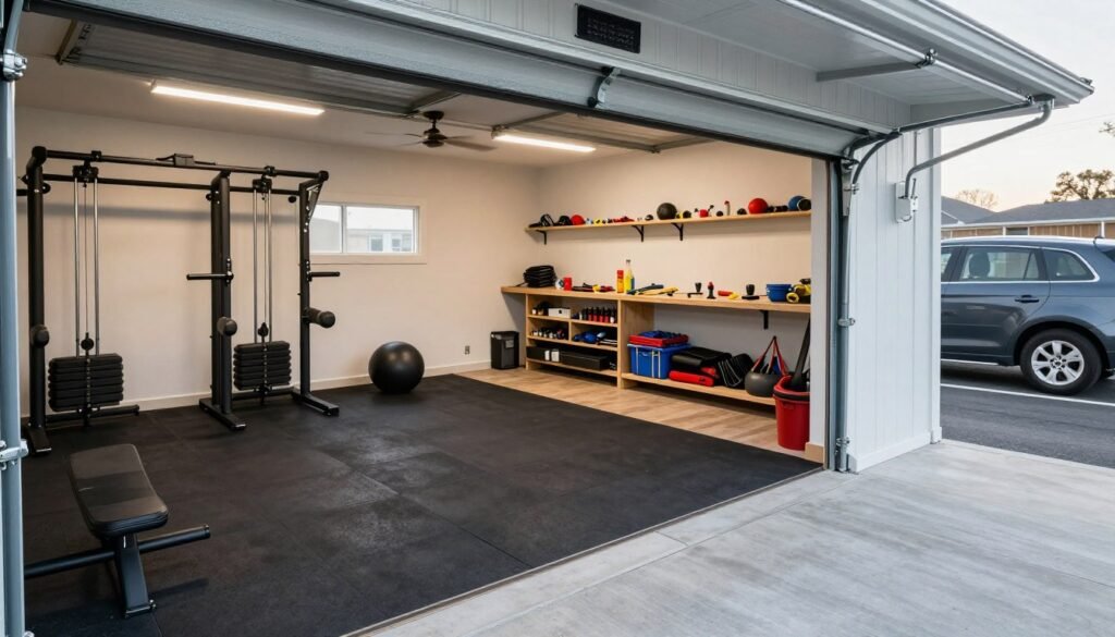 Multi-purpose garage interior with workout area, workshop, and parking space