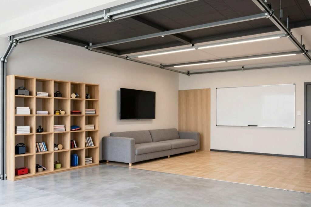 Multi-purpose garage with storage, entertainment area, and activity space