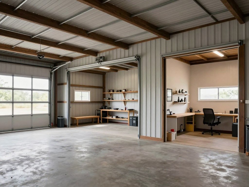 Multi-purpose pole barn garage with divided areas for different functions