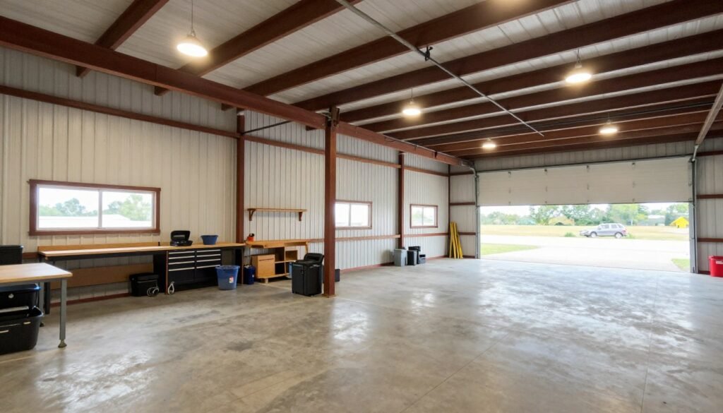 Multi-purpose pole barn garage with workshop area and vehicle storage