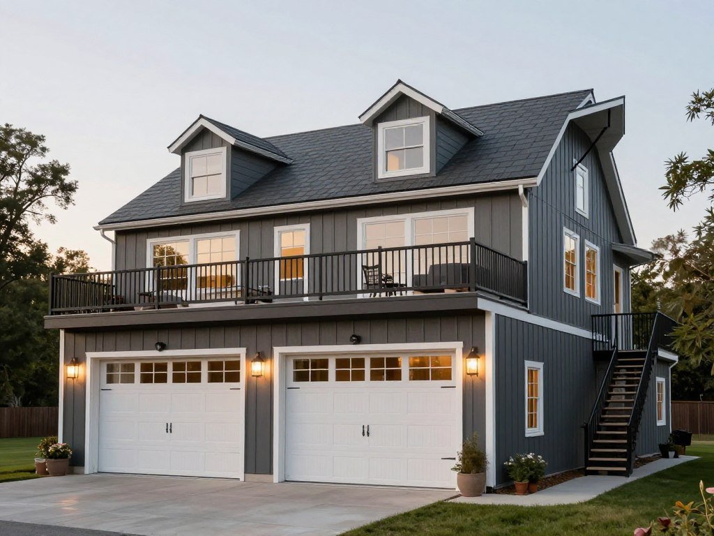Multi-story barn garage with living quarters above, featuring dormers and full apartment amenities