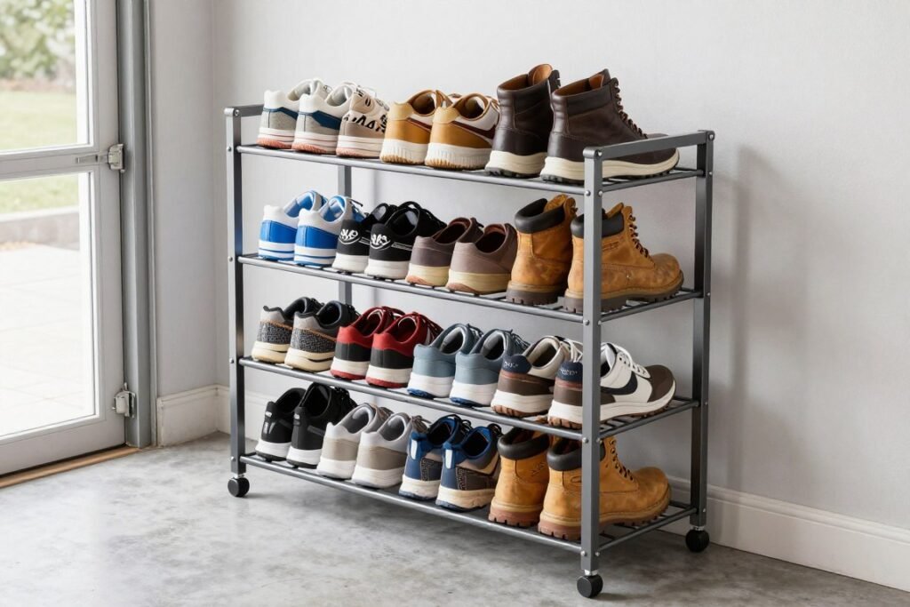 Multi-tier free-standing shoe rack in garage with various shoes and boots organized by size