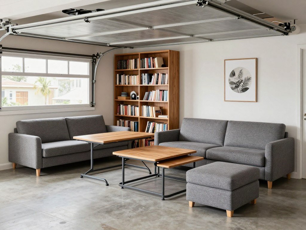 Multifunctional furniture in an above garage apartment interior showing a sofa bed and folding dining table