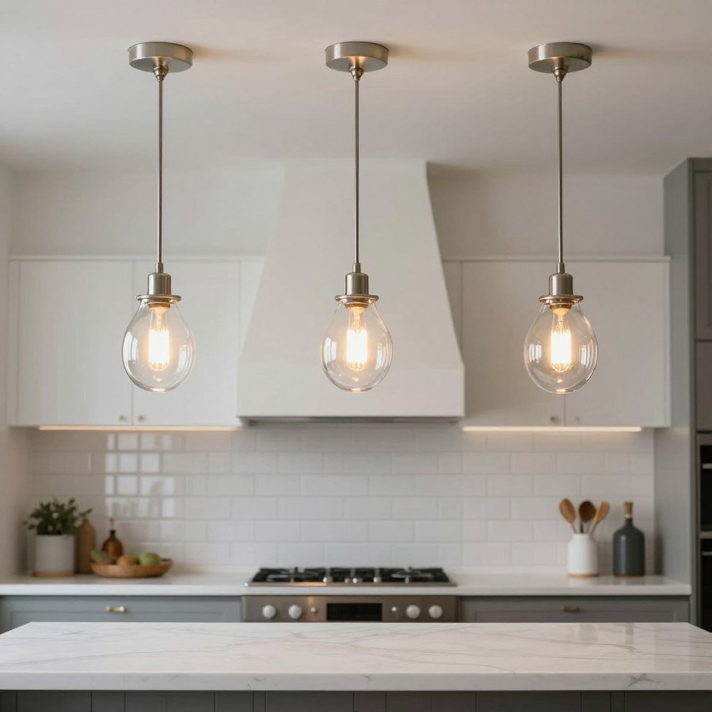 Multiple pendant lights arranged in a row over kitchen island