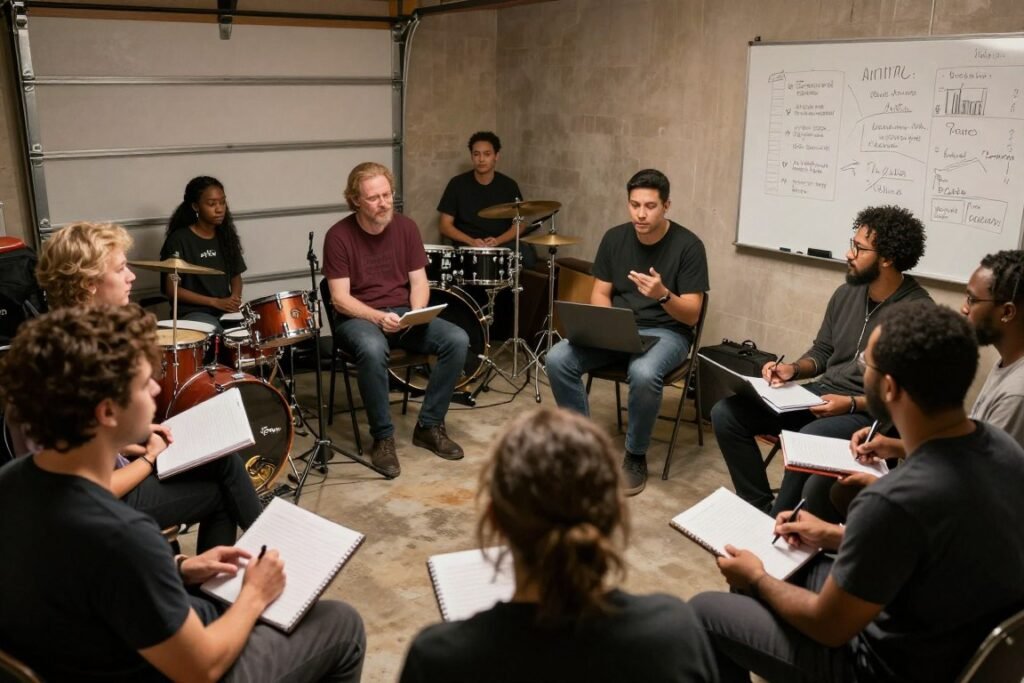 Musicians discussing and planning in a garage band formation meeting