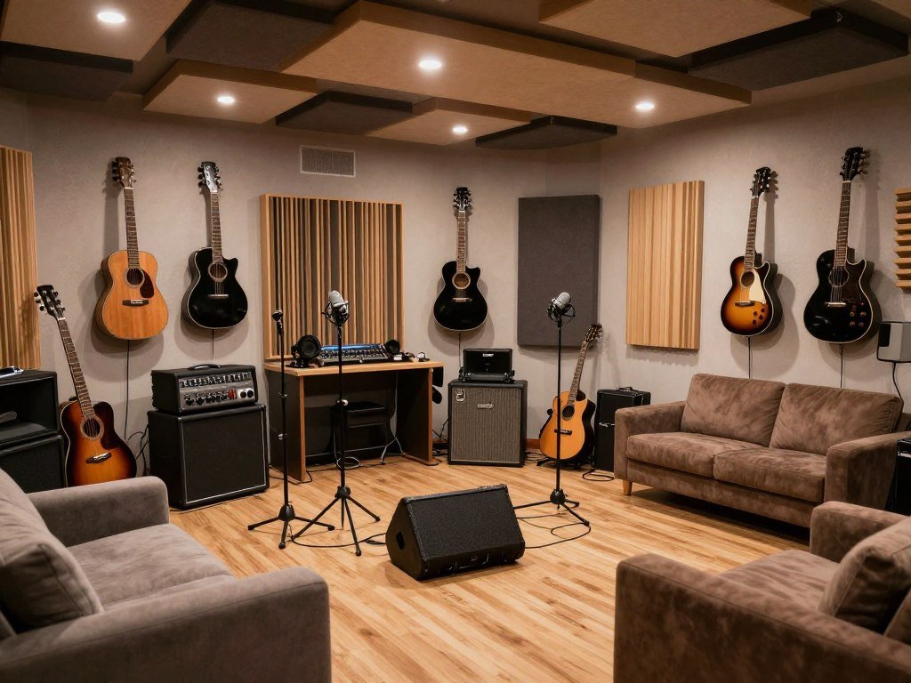 Musician's studio garage man cave with instruments and sound equipment