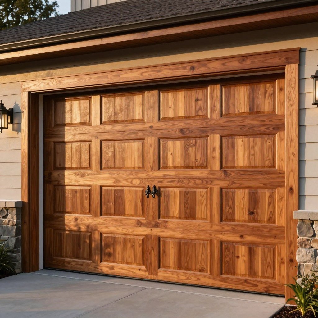 Natural cedar wood garage doors with clear finish showing wood grain on a craftsman style home
