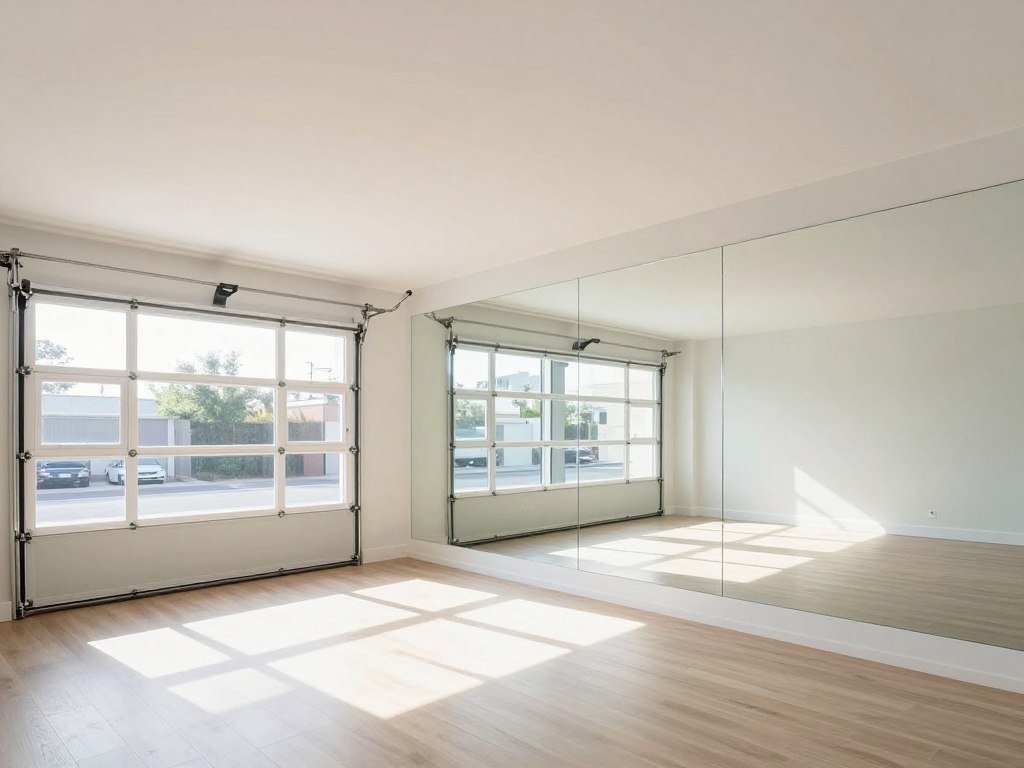 Natural light maximization in an above garage apartment interior with strategically placed mirrors and minimal window treatments
