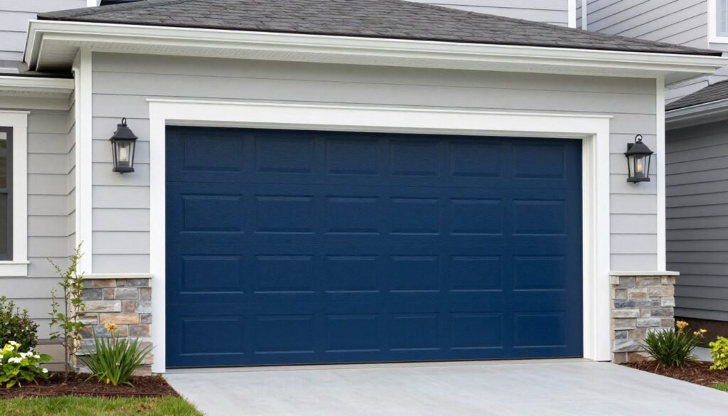 Navy blue garage door with white trim creating striking contrast on a gray home exterior