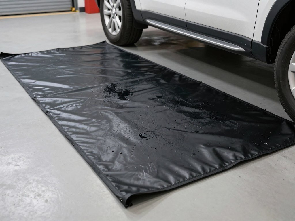Oil containment mat under vehicle in mechanic garage