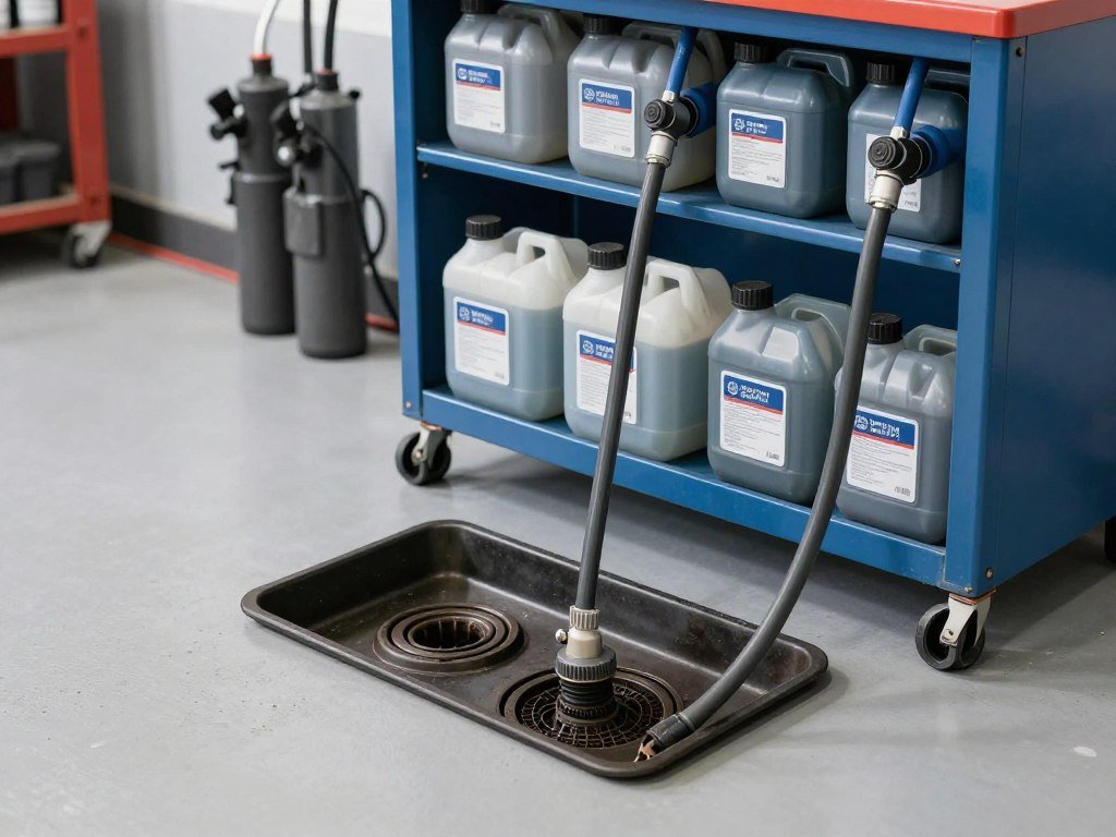 Oil drain pan and fluid transfer pumps in organized mechanic garage