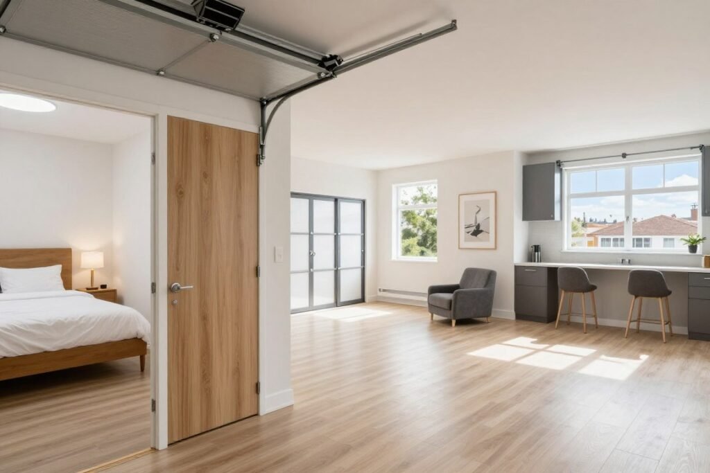 One-bedroom garage apartment layout with separate sleeping area