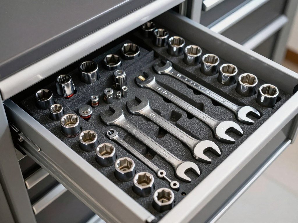 Open tool cabinet drawer with organized wrenches and sockets in custom liners