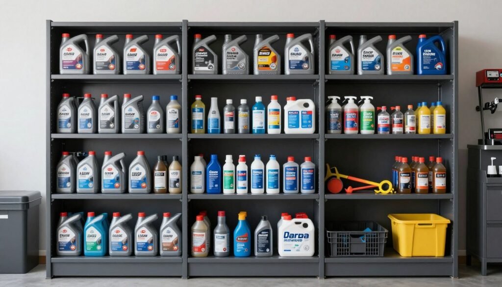Organized automotive supply cabinet with fluids, tools, and car care products