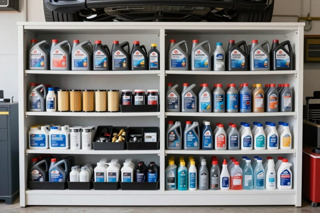Organized automotive supply section with shelving for fluids and car care products in labeled containers