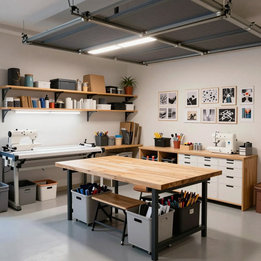 Organized craft room conversion with storage, work table, and display area Organized craft room conversion with storage, work table, and display area
