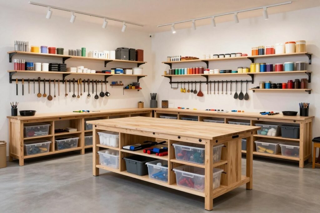 Organized garage art studio with custom workbench, wall-mounted storage, and clear containers for supplies