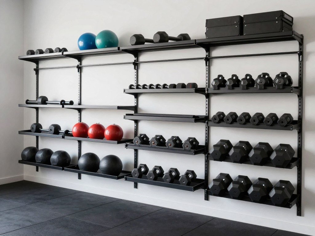 Organized garage gym with efficient storage solutions for equipment