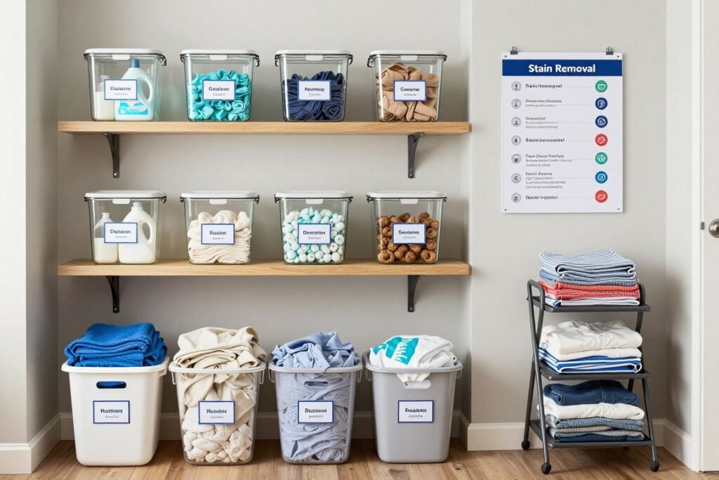 Organized garage laundry area with labeled containers and efficient workflow