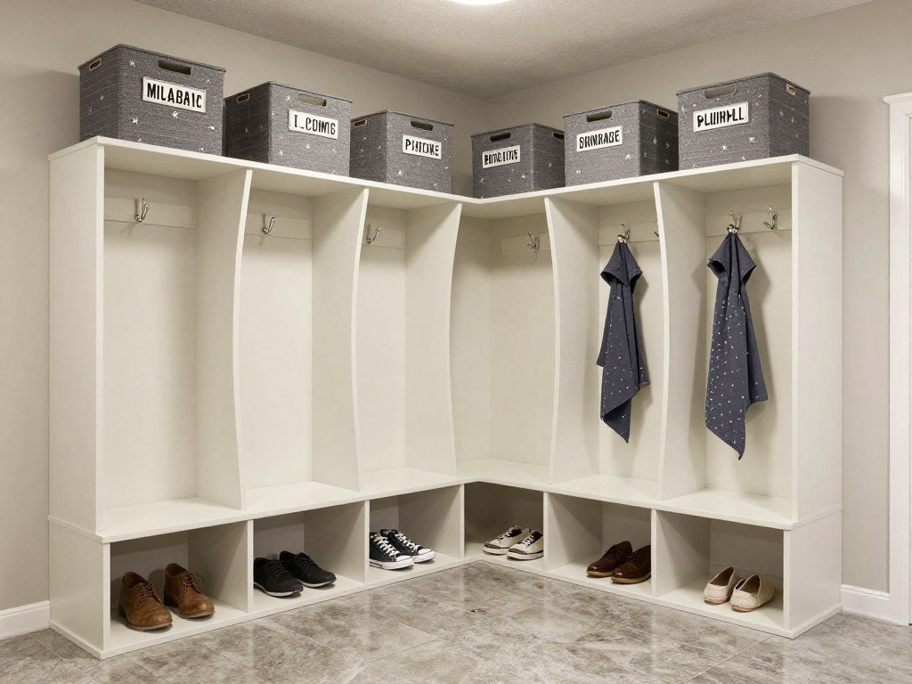 Organized garage mudroom with labeled storage bins and cubbies