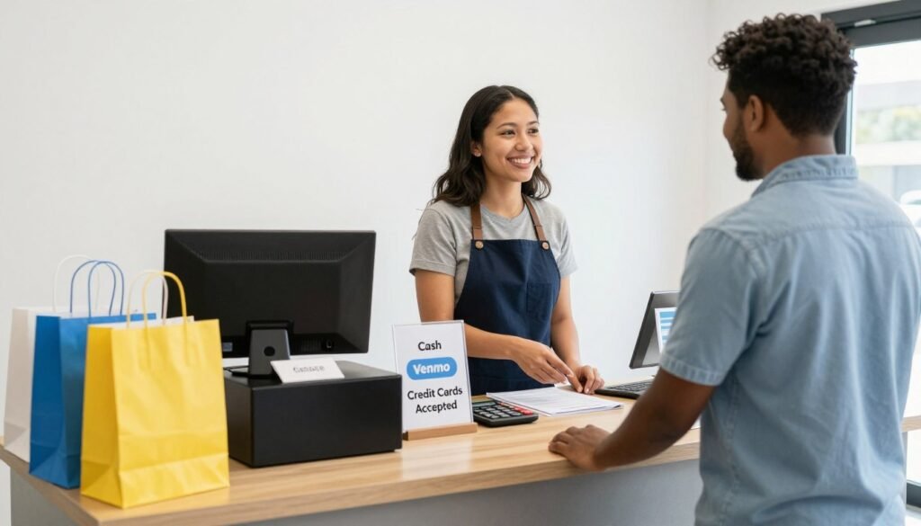 Organized garage sale checkout area with cash box and payment options