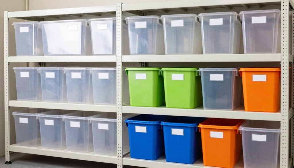 Organized garage shelves with clear and colored plastic storage bins with labels