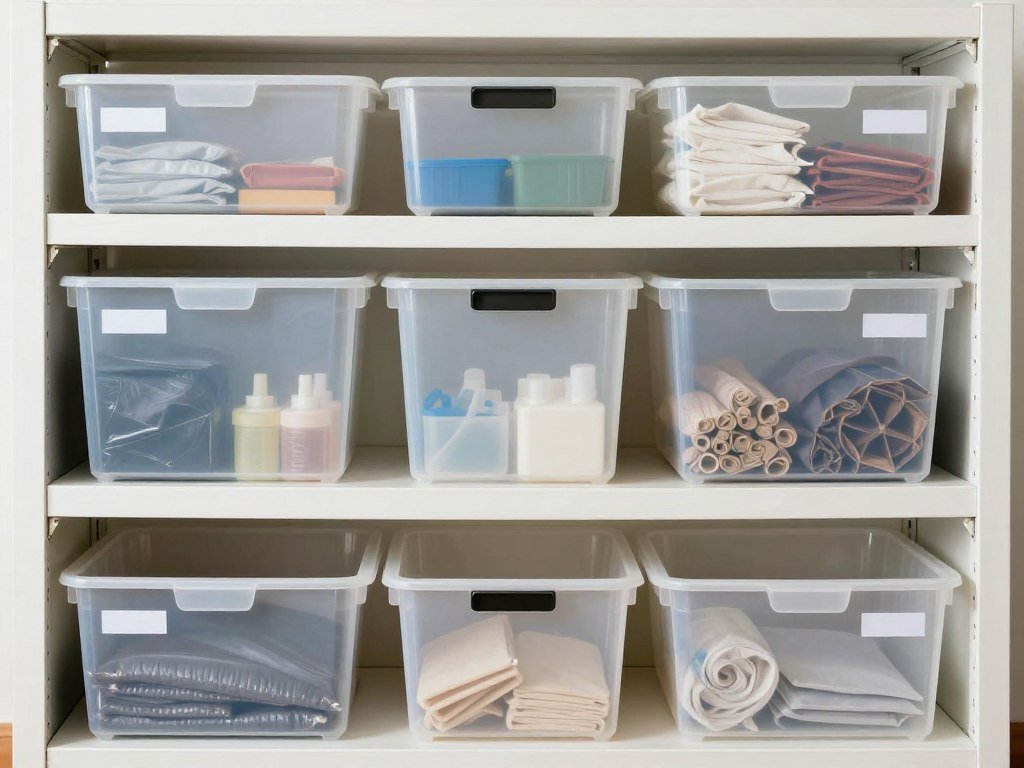 Organized garage shelving with labeled bins and categorized items