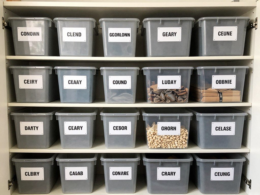 Organized garage storage with clear, consistent labeling system