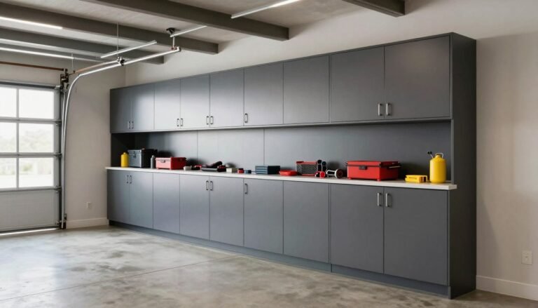 Organized garage with sleek metal garage cabinets along the wall