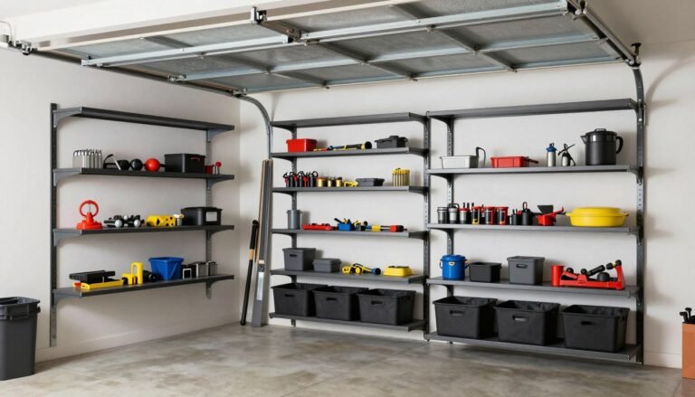 Organized garage with various shelving systems showing efficient storage solutions