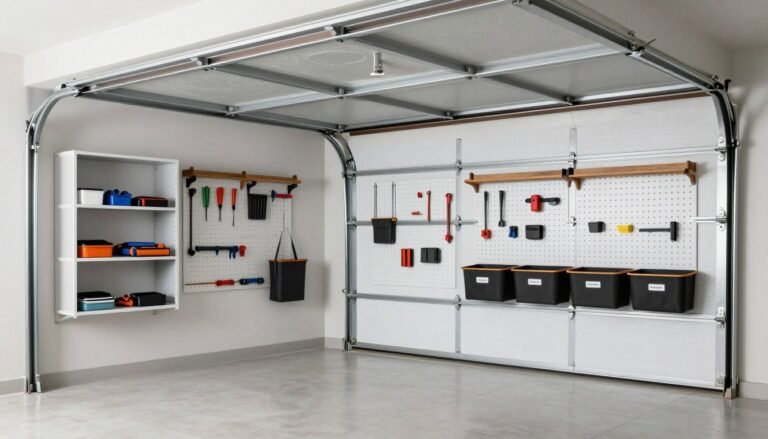 Organized garage with wall-mounted storage systems, overhead racks, and clear floor space for vehicles