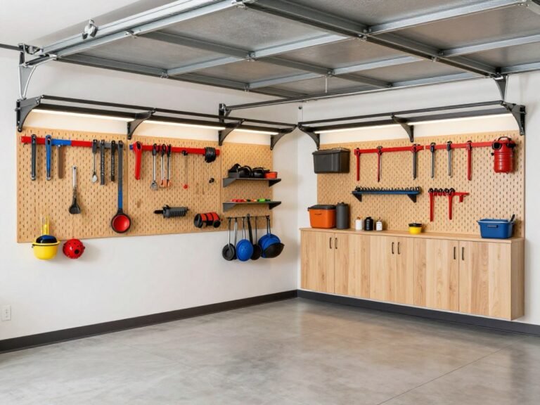 Organized garage with wall storage systems and clear floor space