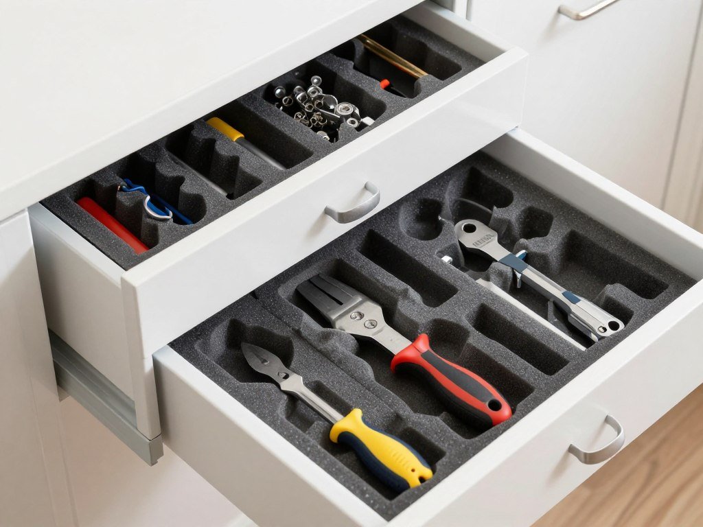 Organized garage workbench drawers with custom tool organizers